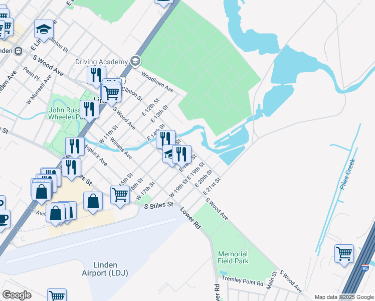 map of restaurants, bars, coffee shops, grocery stores, and more near 40 East 17th Street in Linden