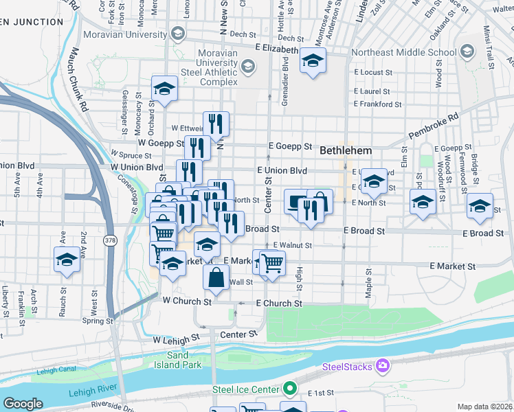 map of restaurants, bars, coffee shops, grocery stores, and more near 47 East Raspberry Street in Bethlehem