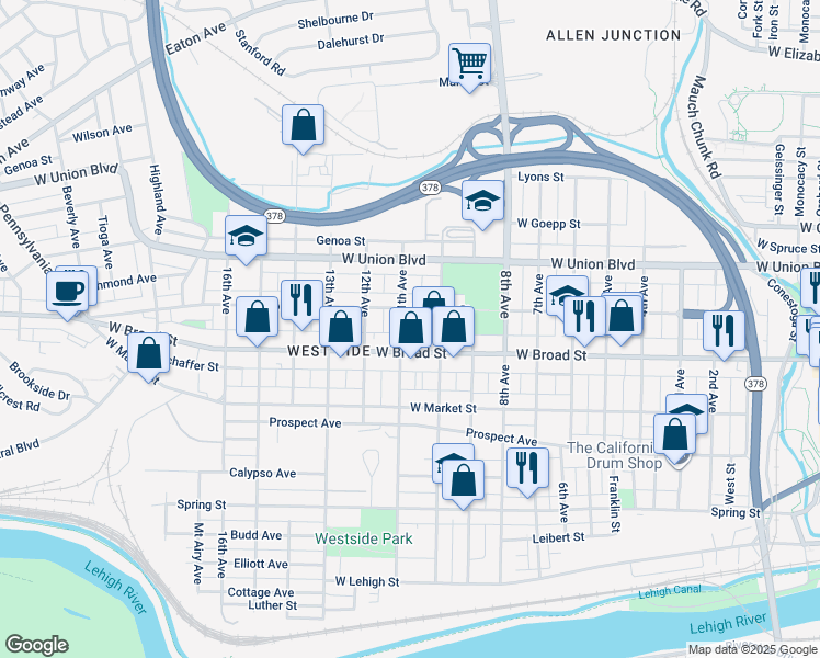 map of restaurants, bars, coffee shops, grocery stores, and more near 1134 West Broad Street in Bethlehem