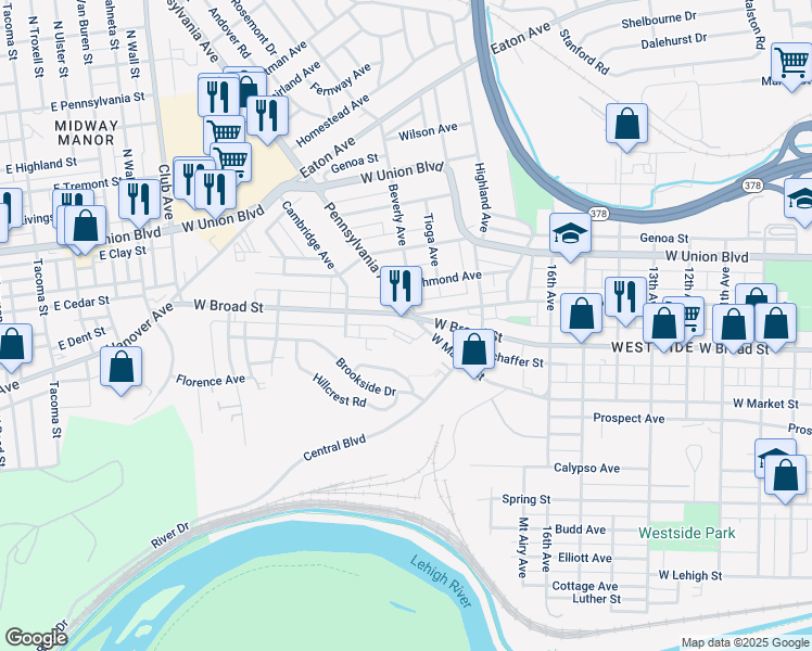 map of restaurants, bars, coffee shops, grocery stores, and more near 1881 West Market Street in Bethlehem
