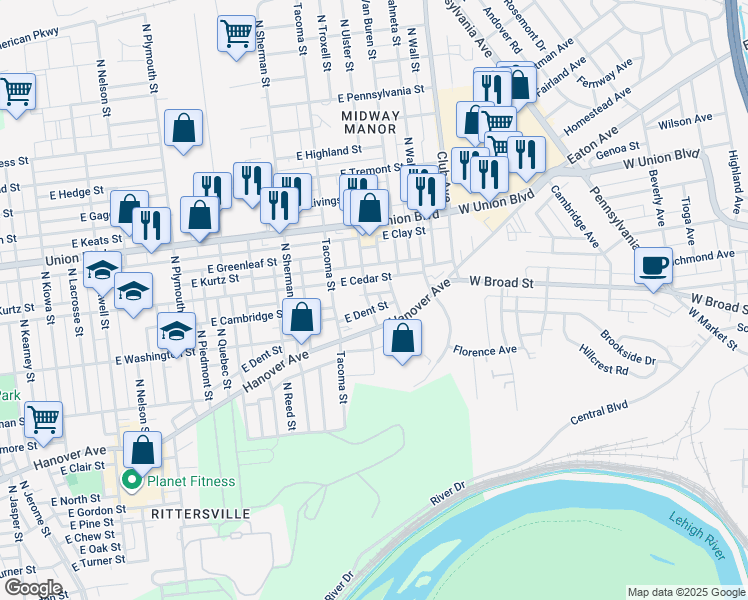 map of restaurants, bars, coffee shops, grocery stores, and more near 814 North Ulster Street in Allentown