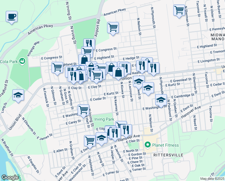 map of restaurants, bars, coffee shops, grocery stores, and more near 858 North Kearney Street in Allentown
