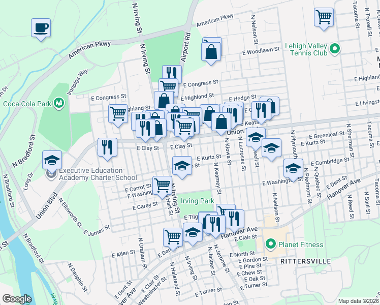 map of restaurants, bars, coffee shops, grocery stores, and more near 857 North Jasper Street in Allentown
