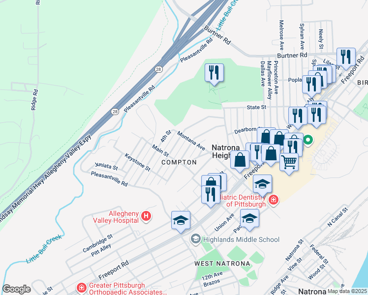 map of restaurants, bars, coffee shops, grocery stores, and more near 1509 2nd Street in Natrona Heights