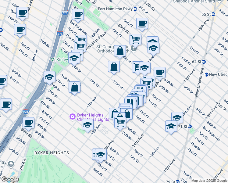 map of restaurants, bars, coffee shops, grocery stores, and more near 1137 74th Street in Brooklyn