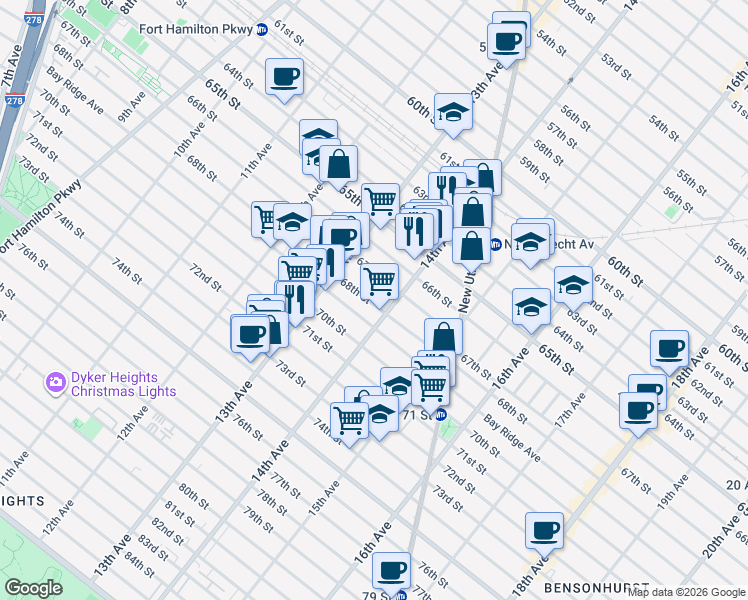 map of restaurants, bars, coffee shops, grocery stores, and more near 1363 Ovington Avenue in Brooklyn