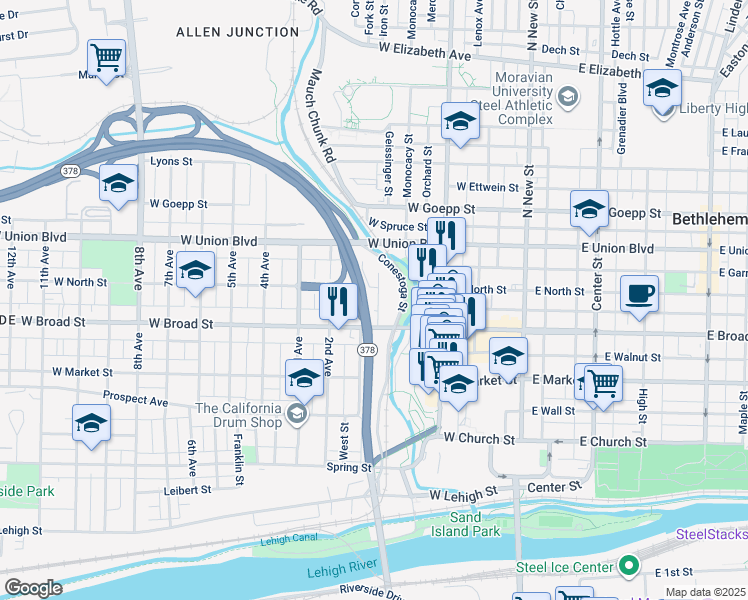 map of restaurants, bars, coffee shops, grocery stores, and more near 629 Terrace Avenue in Bethlehem