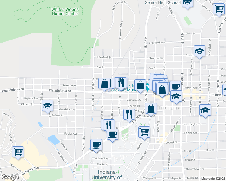 map of restaurants, bars, coffee shops, grocery stores, and more near 1081 Philadelphia Street in Indiana