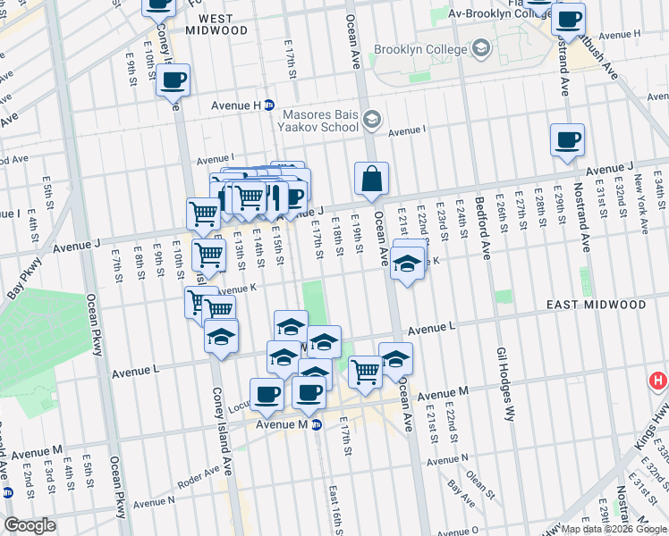 map of restaurants, bars, coffee shops, grocery stores, and more near 1124 East 17th Street in Brooklyn