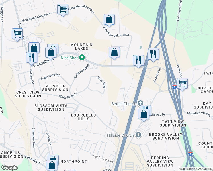 map of restaurants, bars, coffee shops, grocery stores, and more near 1156 Jaxon Way in Redding