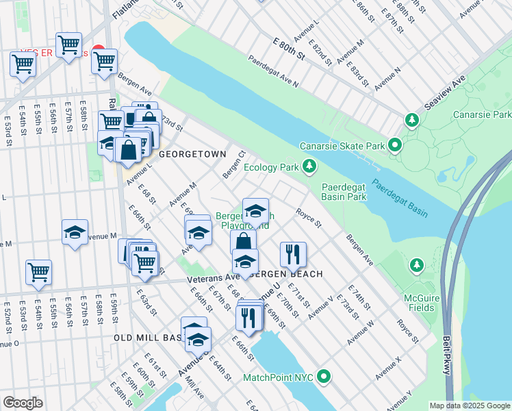 map of restaurants, bars, coffee shops, grocery stores, and more near 7219 Bergen Cove in Brooklyn