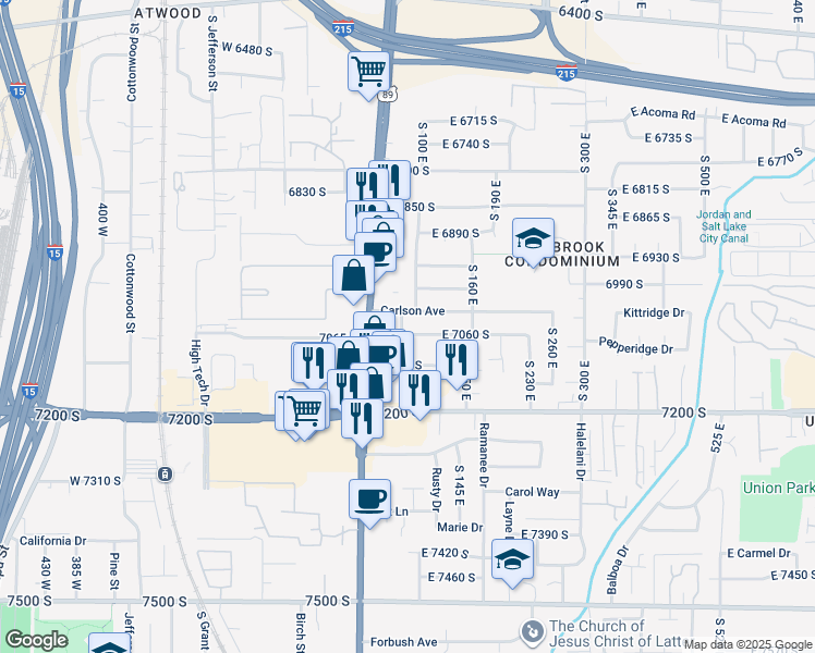 map of restaurants, bars, coffee shops, grocery stores, and more near 7045 South 65 East in Midvale