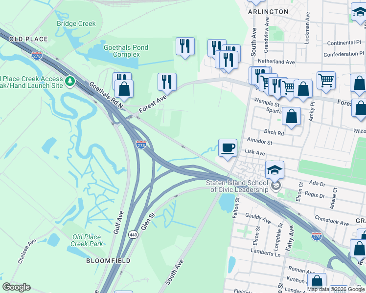 map of restaurants, bars, coffee shops, grocery stores, and more near 1107 Goethals Road North in Staten Island