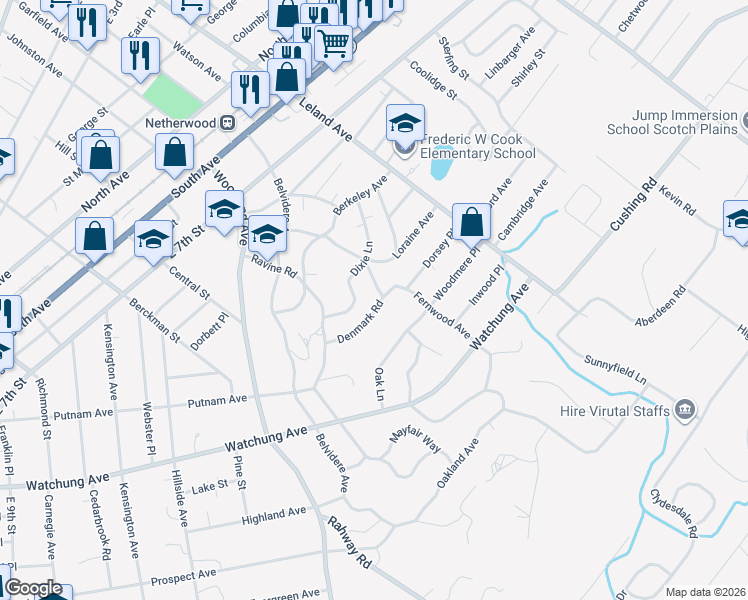 map of restaurants, bars, coffee shops, grocery stores, and more near 1295 Denmark Road in Plainfield