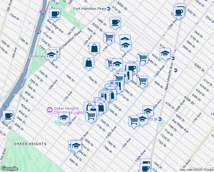 map of restaurants, bars, coffee shops, grocery stores, and more near 1224 71st Street in Brooklyn