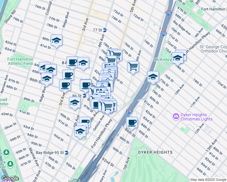 map of restaurants, bars, coffee shops, grocery stores, and more near 525 83rd Street in Brooklyn
