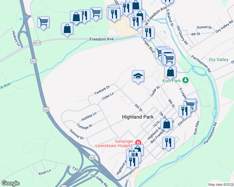 map of restaurants, bars, coffee shops, grocery stores, and more near 207 Cider Lane in Lewistown