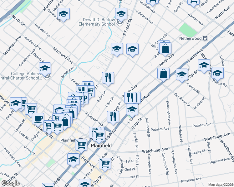 map of restaurants, bars, coffee shops, grocery stores, and more near 301 Richmond St in Plainfield