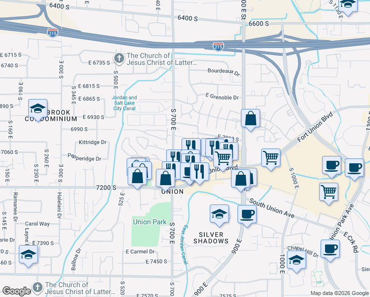 map of restaurants, bars, coffee shops, grocery stores, and more near 738 East Bogart Lane in Midvale
