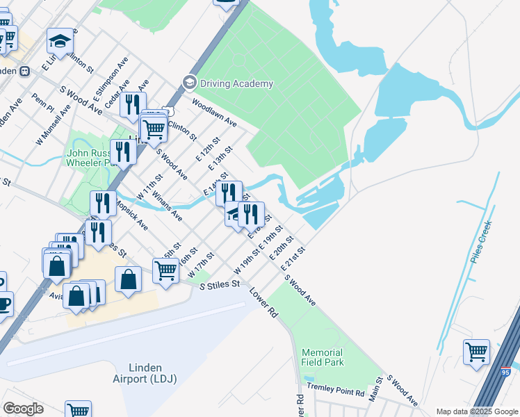 map of restaurants, bars, coffee shops, grocery stores, and more near 40 East 17th Street in Linden