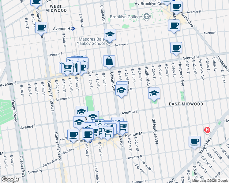 map of restaurants, bars, coffee shops, grocery stores, and more near Ocean Ave & Avenue K in Brooklyn