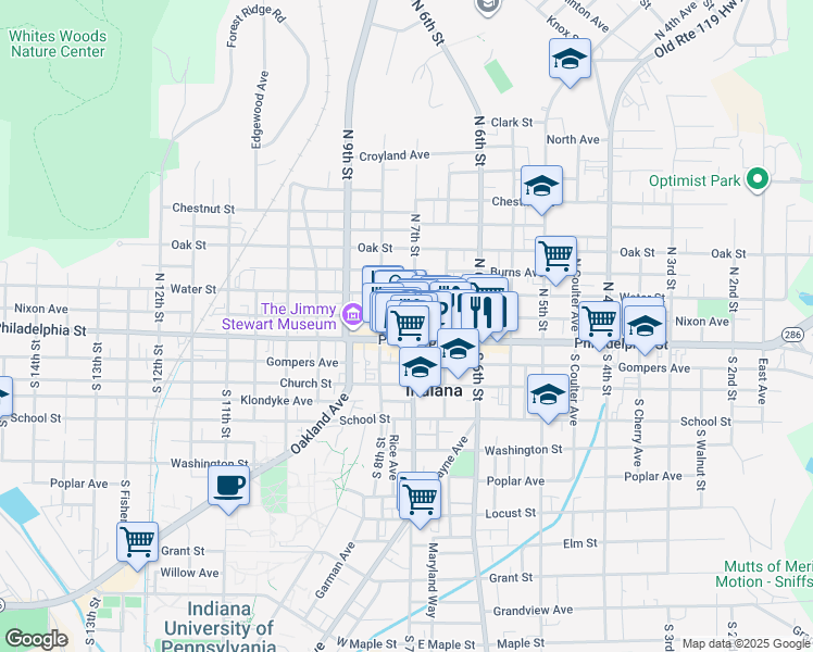 map of restaurants, bars, coffee shops, grocery stores, and more near 701 Philadelphia Street in Indiana