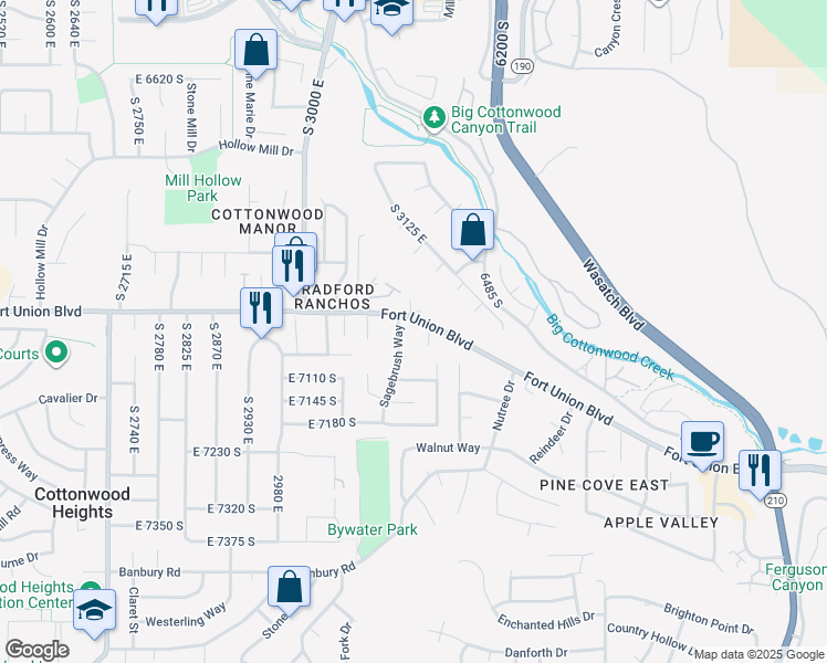 map of restaurants, bars, coffee shops, grocery stores, and more near 3184 Barnhill Bay in Cottonwood Heights