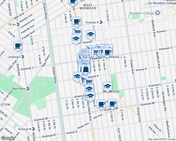 map of restaurants, bars, coffee shops, grocery stores, and more near 1081 East 12th Street in Brooklyn
