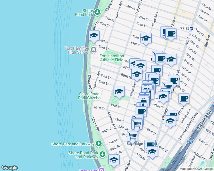 map of restaurants, bars, coffee shops, grocery stores, and more near 63 89th Street in Brooklyn