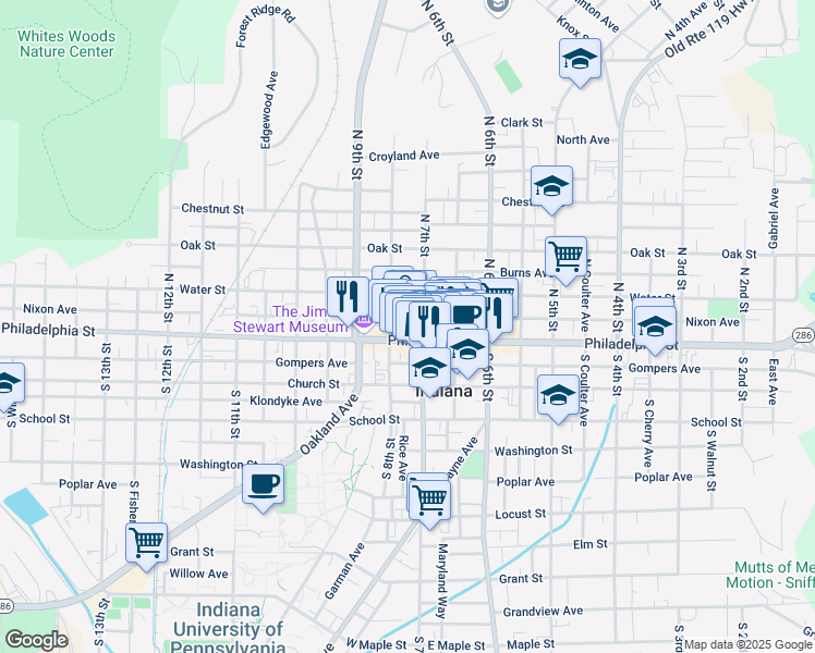 map of restaurants, bars, coffee shops, grocery stores, and more near 719 Philadelphia Street in Indiana