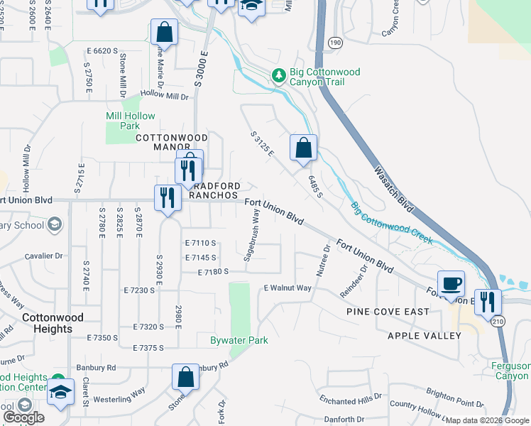 map of restaurants, bars, coffee shops, grocery stores, and more near 3184 Barnhill Bay in Cottonwood Heights