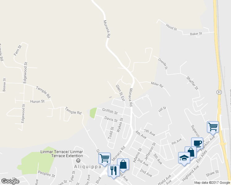 map of restaurants, bars, coffee shops, grocery stores, and more near 194 Mount Vernon Drive in Aliquippa
