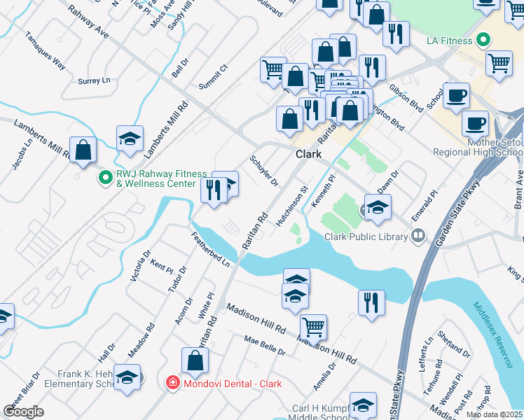 map of restaurants, bars, coffee shops, grocery stores, and more near 902 Raritan Road in Clark