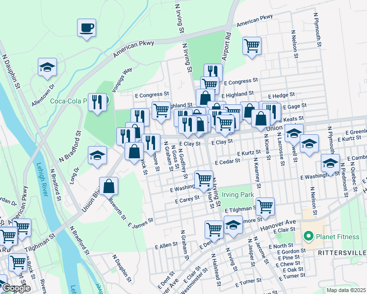 map of restaurants, bars, coffee shops, grocery stores, and more near 893 North Godfrey Street in Allentown