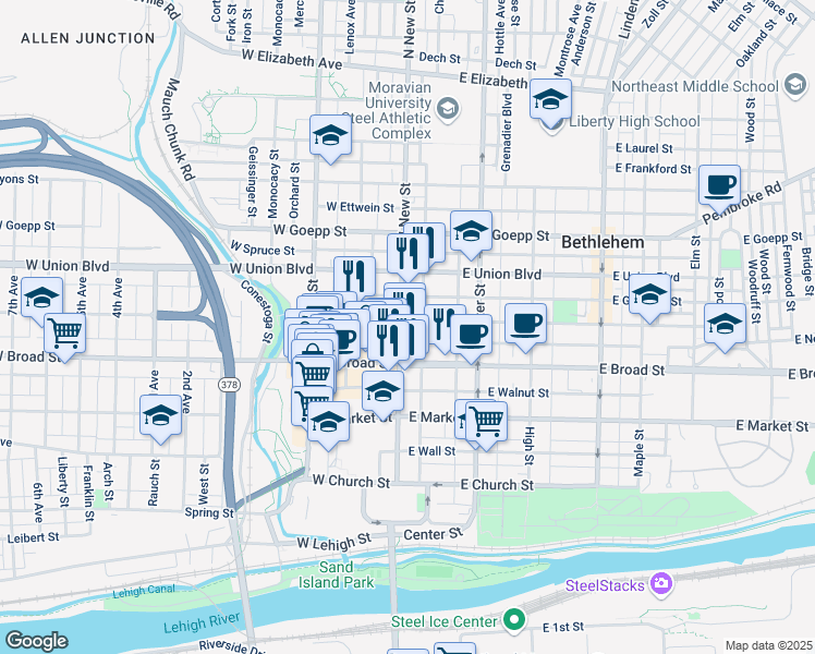 map of restaurants, bars, coffee shops, grocery stores, and more near 21 East Raspberry Street in Bethlehem