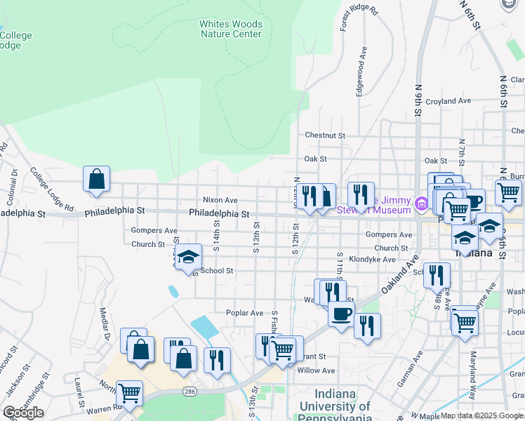 map of restaurants, bars, coffee shops, grocery stores, and more near 1291 Philadelphia Street in Indiana