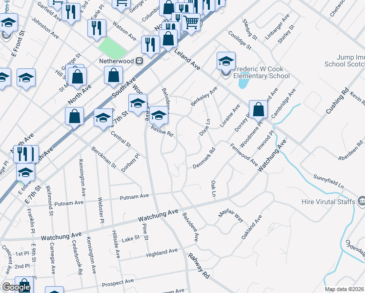 map of restaurants, bars, coffee shops, grocery stores, and more near 622-28 Berkeley Avenue in Plainfield