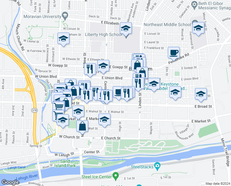 map of restaurants, bars, coffee shops, grocery stores, and more near 134 East North Street in Bethlehem