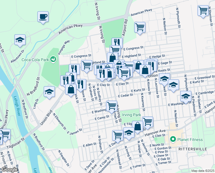 map of restaurants, bars, coffee shops, grocery stores, and more near 871 North Halstead Street in Allentown