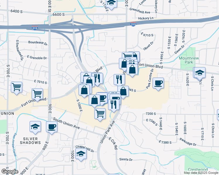 map of restaurants, bars, coffee shops, grocery stores, and more near 989 Park Centre Drive in Cottonwood Heights