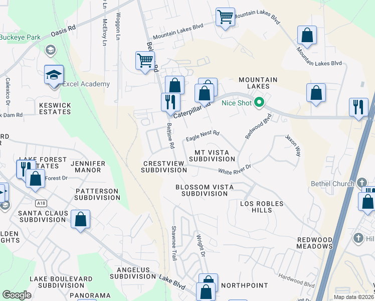 map of restaurants, bars, coffee shops, grocery stores, and more near 1059 Eagle Nest Road in Redding