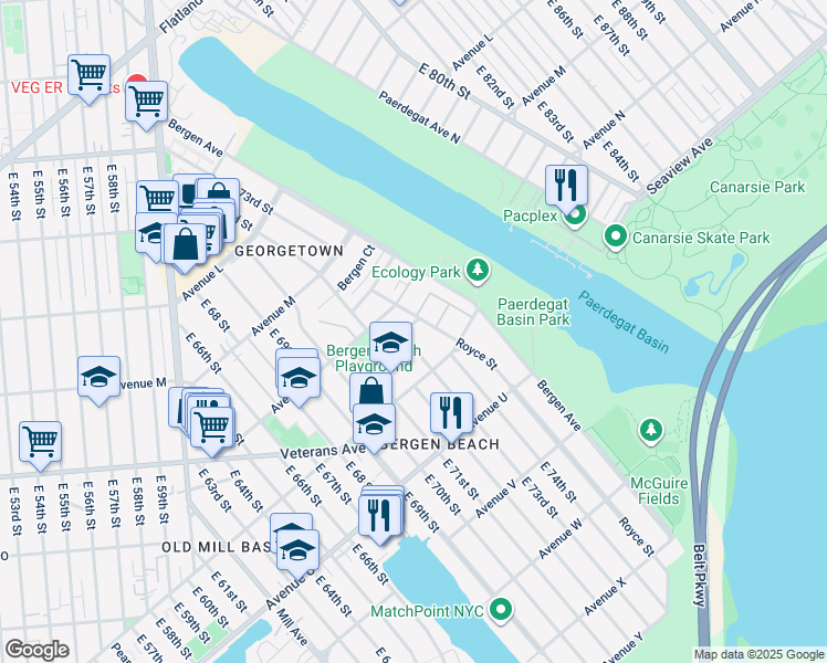 map of restaurants, bars, coffee shops, grocery stores, and more near 1455 East 73rd Street in Brooklyn