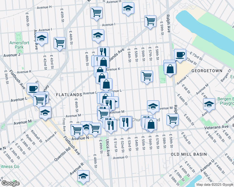 map of restaurants, bars, coffee shops, grocery stores, and more near 1533 East 51st Street in Brooklyn