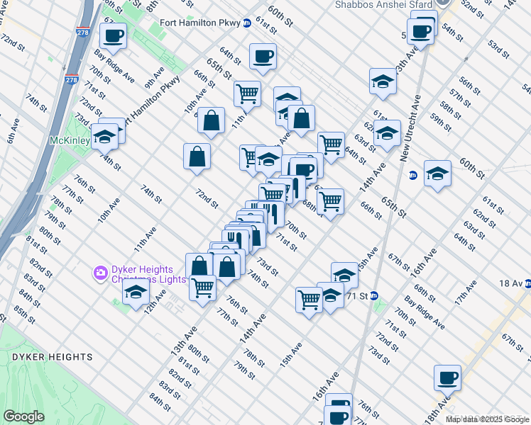 map of restaurants, bars, coffee shops, grocery stores, and more near 7118 13th Avenue in Brooklyn