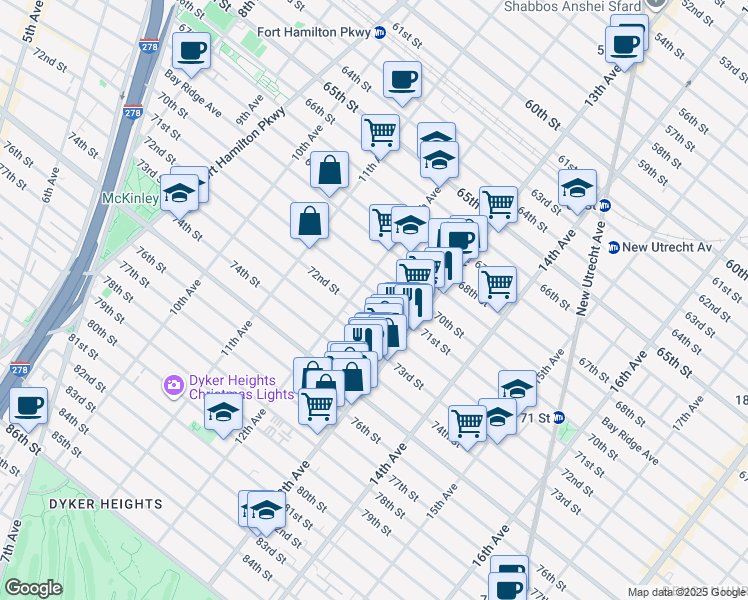map of restaurants, bars, coffee shops, grocery stores, and more near 1227 72nd Street in Brooklyn