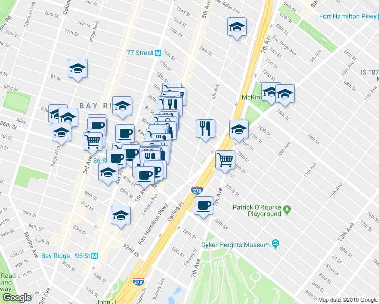 map of restaurants, bars, coffee shops, grocery stores, and more near 551 83rd Street in Brooklyn