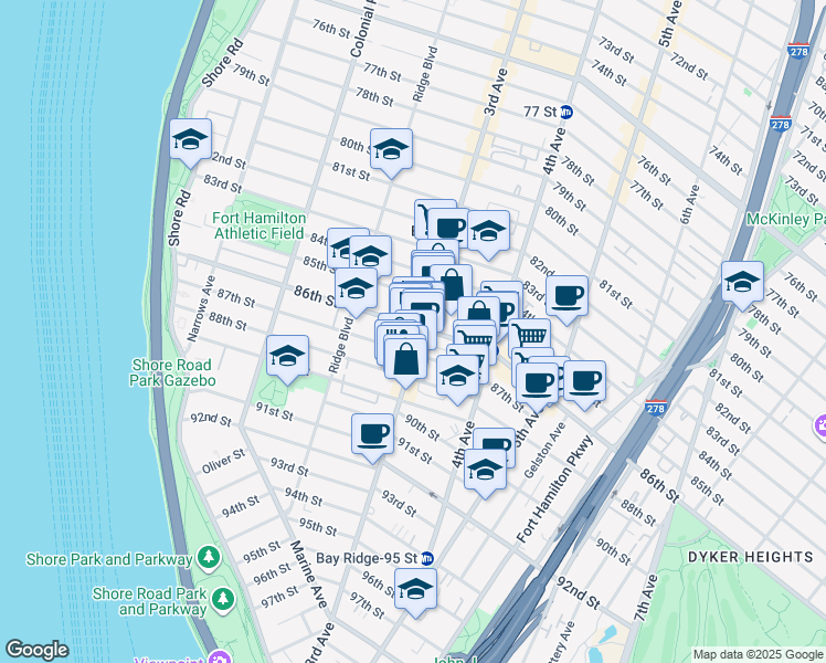 map of restaurants, bars, coffee shops, grocery stores, and more near 8613 3rd Avenue in Brooklyn