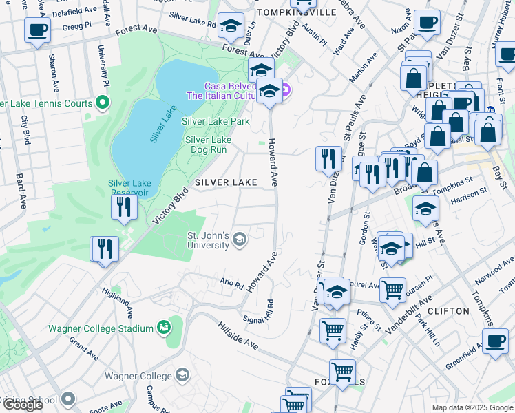 map of restaurants, bars, coffee shops, grocery stores, and more near 30 Grymes Hill Road in Staten Island