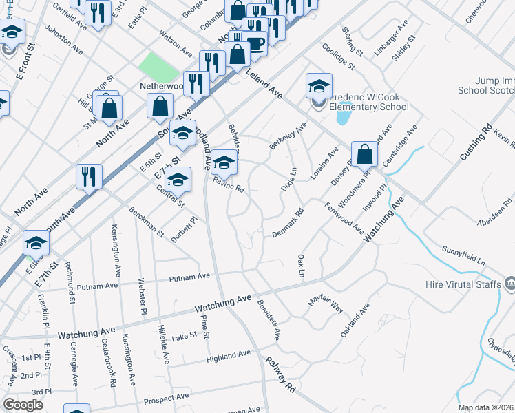 map of restaurants, bars, coffee shops, grocery stores, and more near 622-28 Berkeley Avenue in Plainfield
