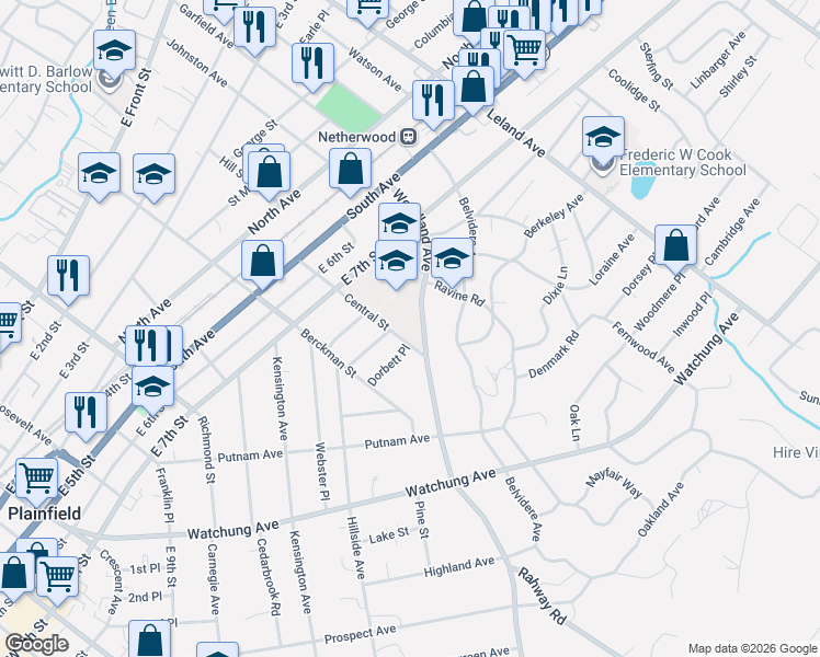 map of restaurants, bars, coffee shops, grocery stores, and more near 730 Central Street in Plainfield